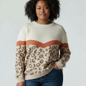 Wanna B Leopard Chevron Knit Sweater Women's Size 2XL Cream Rust Animal Print